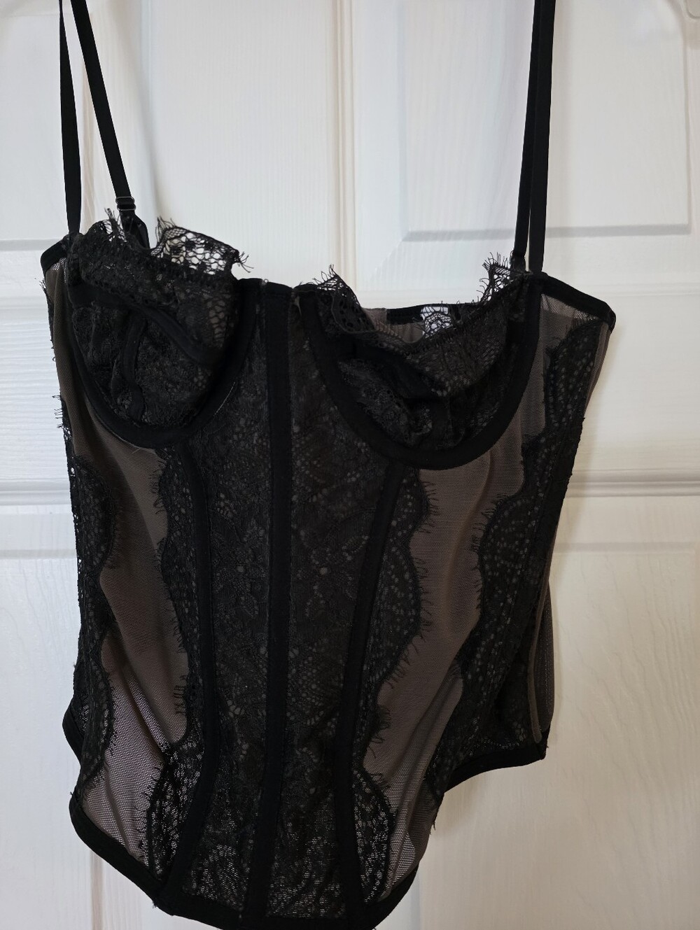 Urban Outfitters Black Lace Corset sheer mesh panels and eyelash lace detail L